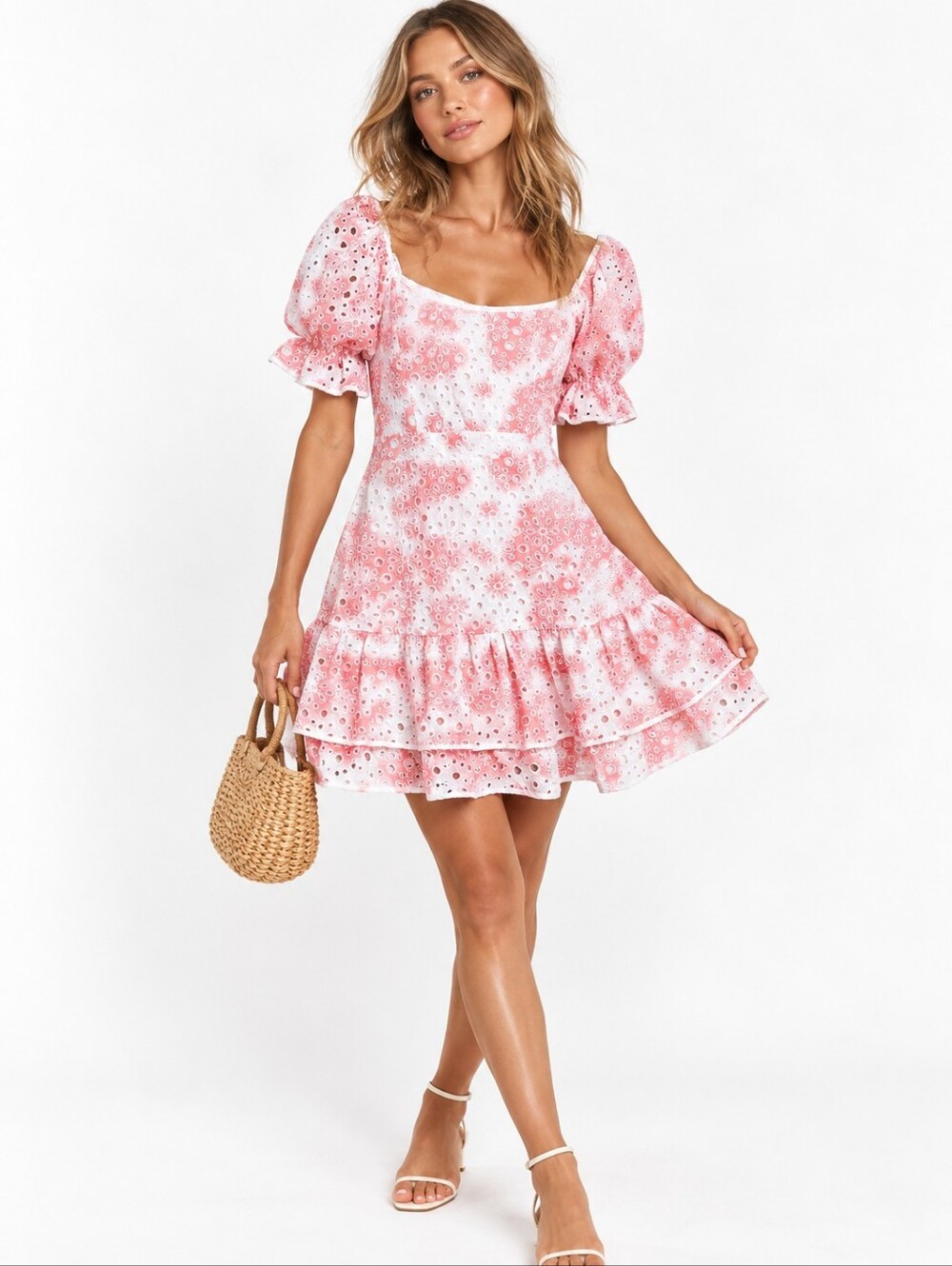 Stellah Pink White Cotton Eyelet Floral Puff Sleeve Tiered Mini Dress M